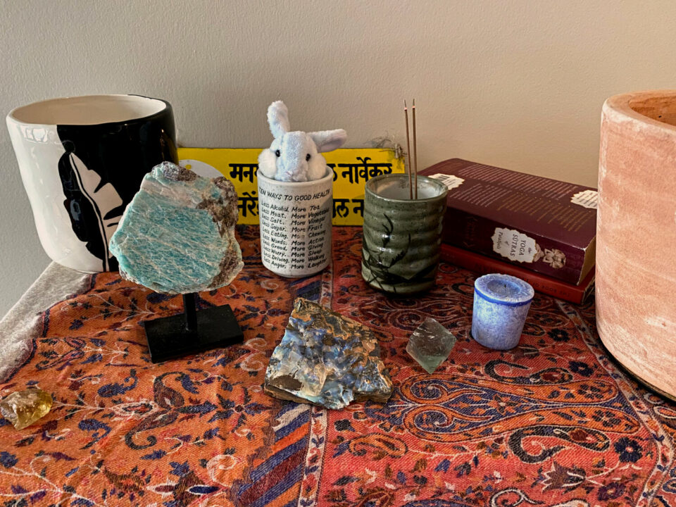 Desk with assorted crystals